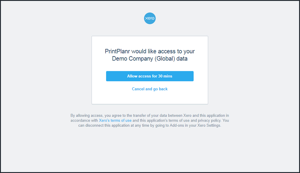 Xero Authorise-Application for PrintPlanr