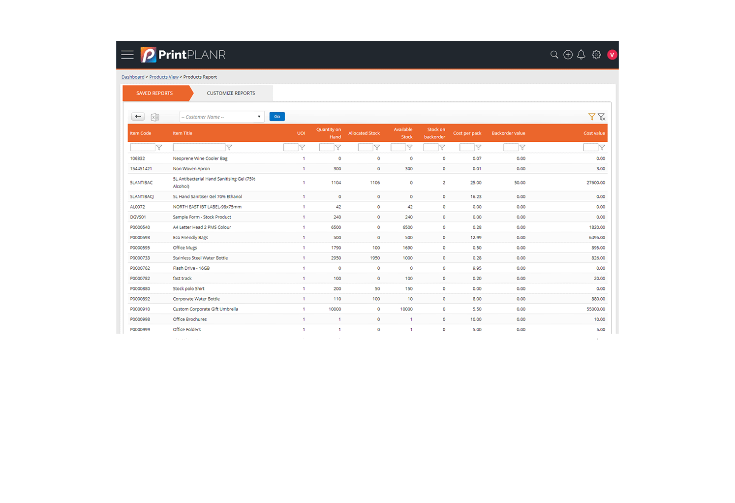 Print MIS Products Report