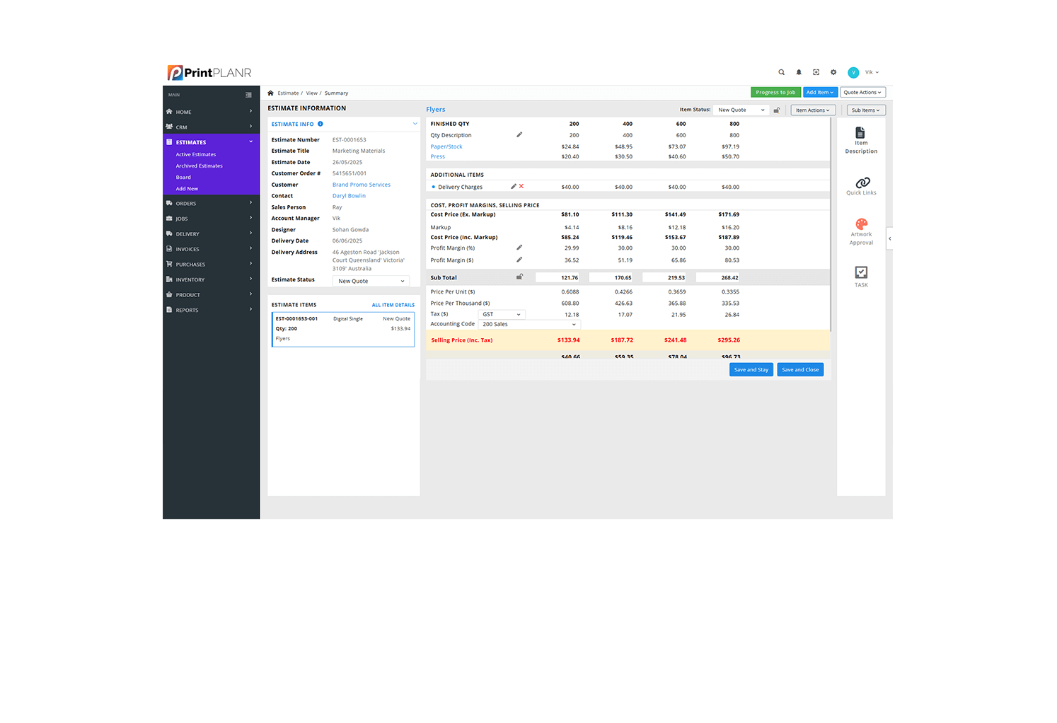 Print MIS Estimate Summary